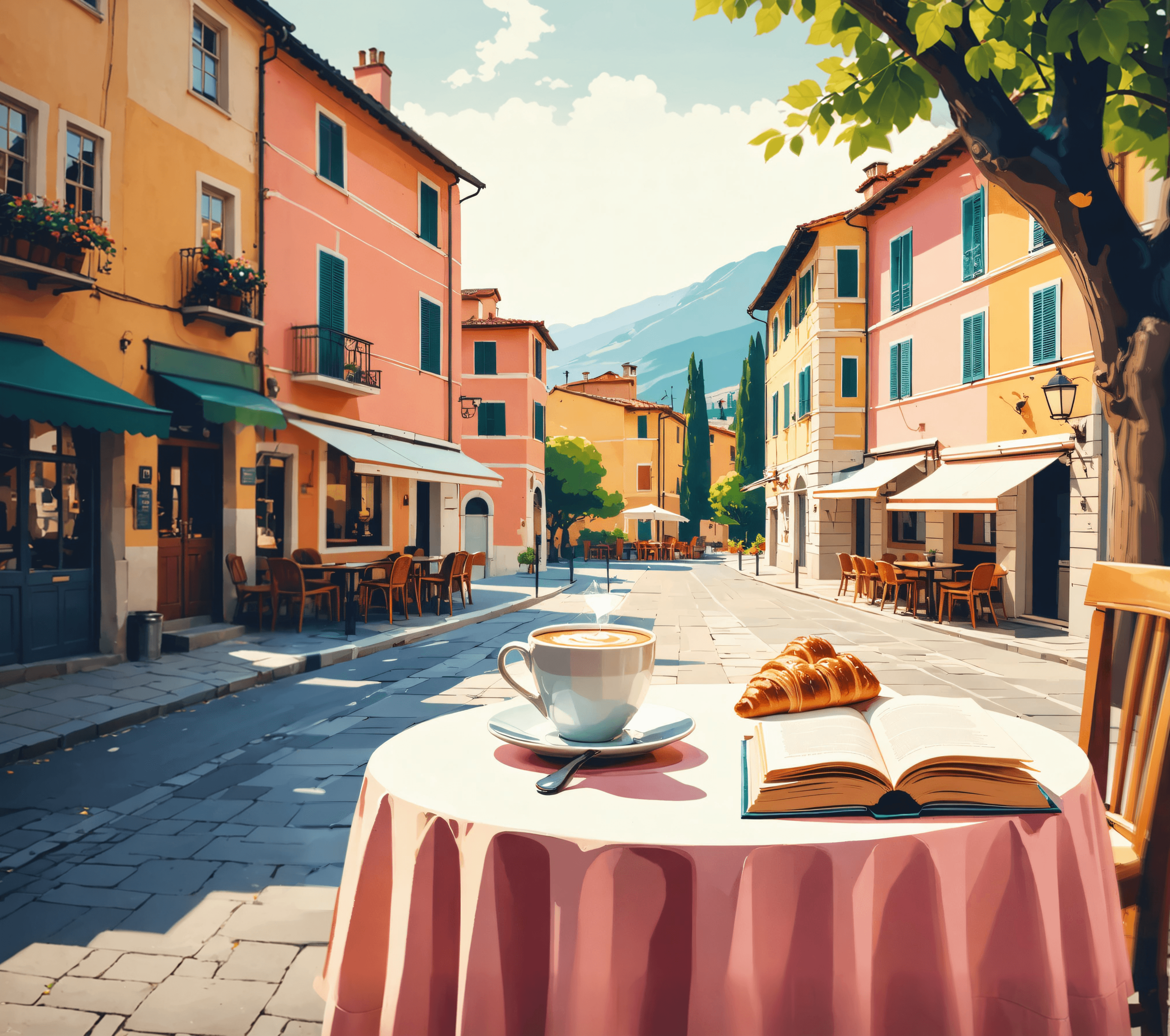Colorful books in an Italian cafe setting